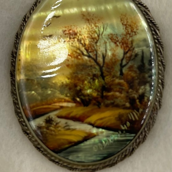 Vintage Russian Fedoskino Lacquer Brooch, Hand Painted, Mid  Antique Rare Russian Fedoskino Hand Painted Brooch